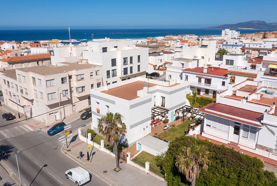 Tarifa Kite Hostel from the air, the sea in the background